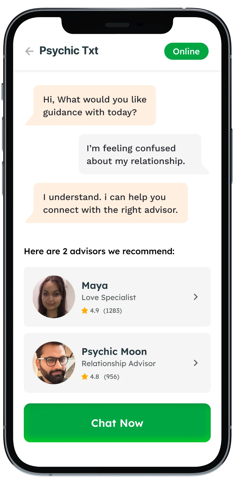 Psychic Txt chat showing a Luna greeting and two recommended advisors